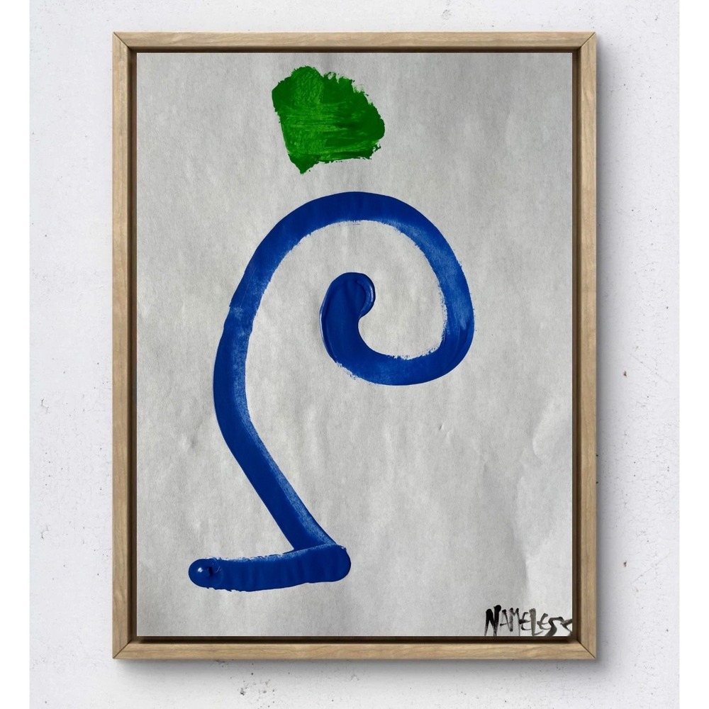 Original Abstract Painting Blue Spiral Green Dot Signed Nameless 8.5x11 Paper